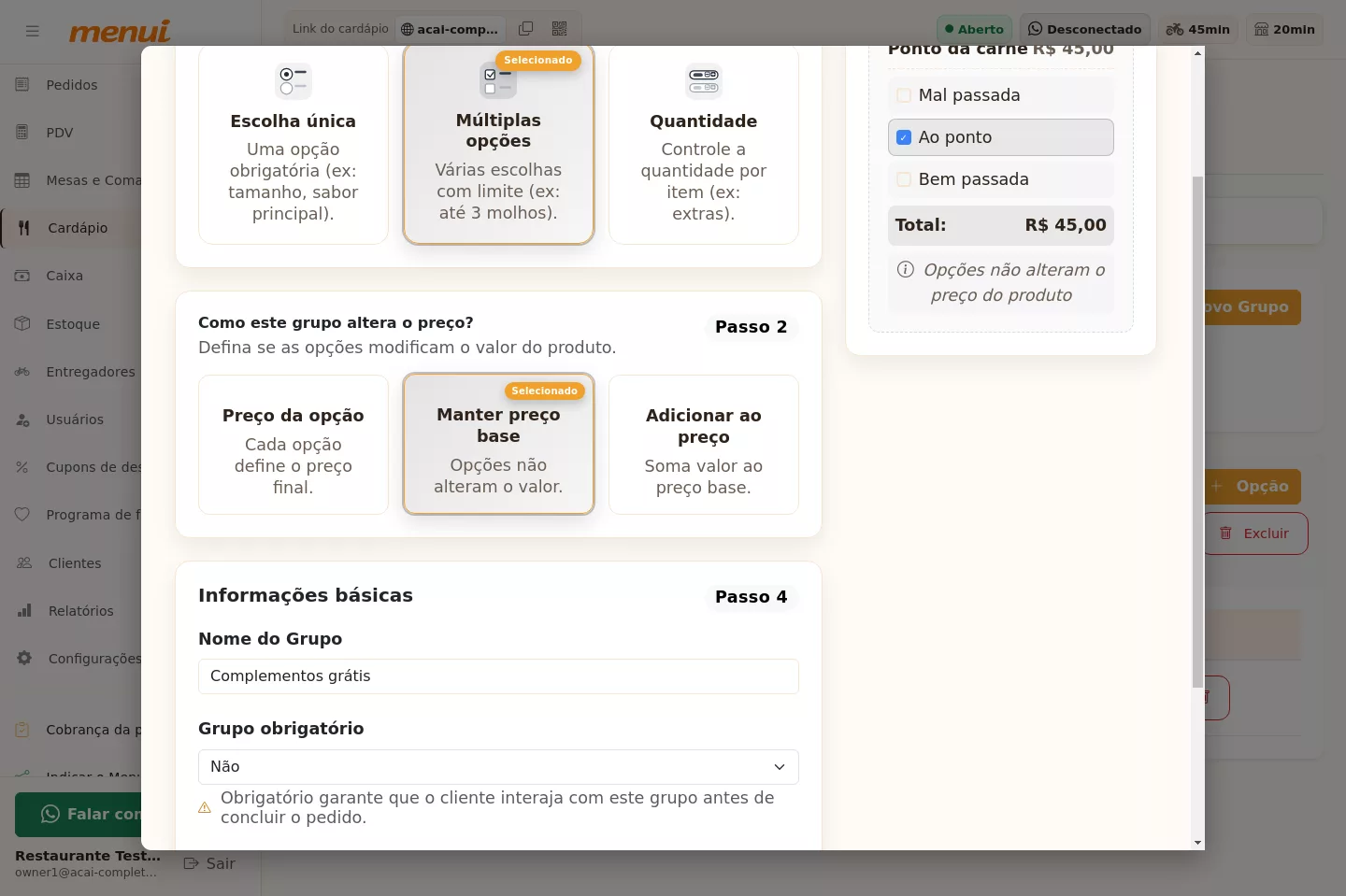 Configuração do grupo de complementos grátis do Açaí no Menui