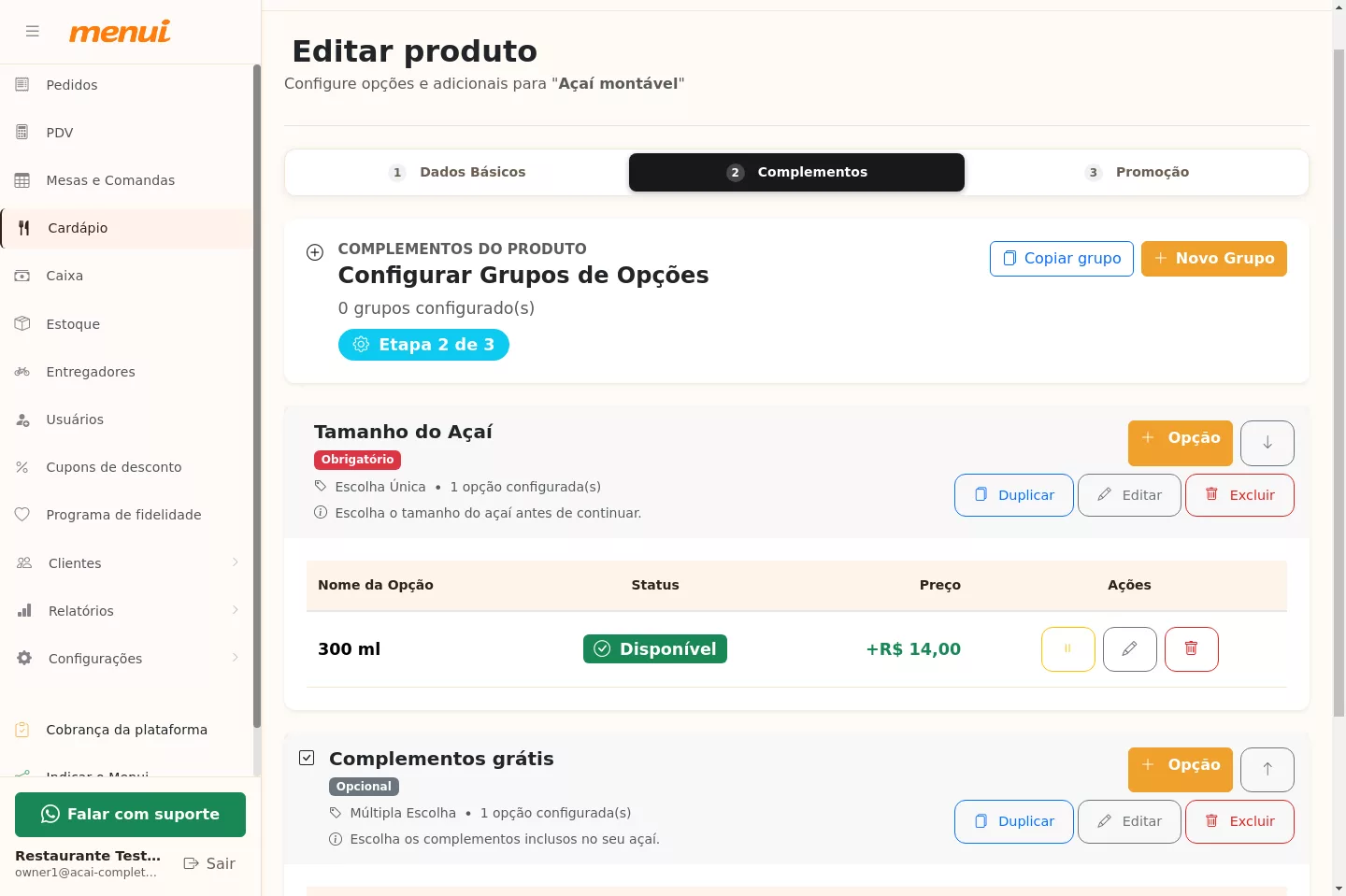 Grupo de complementos grátis com a primeira opção criada no Menui