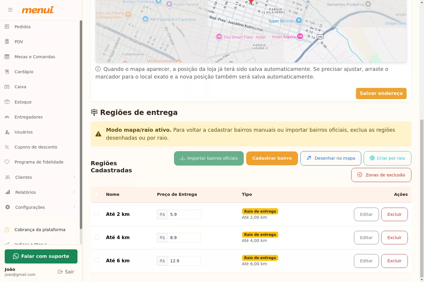 Lista de regiões cadastradas no Menui