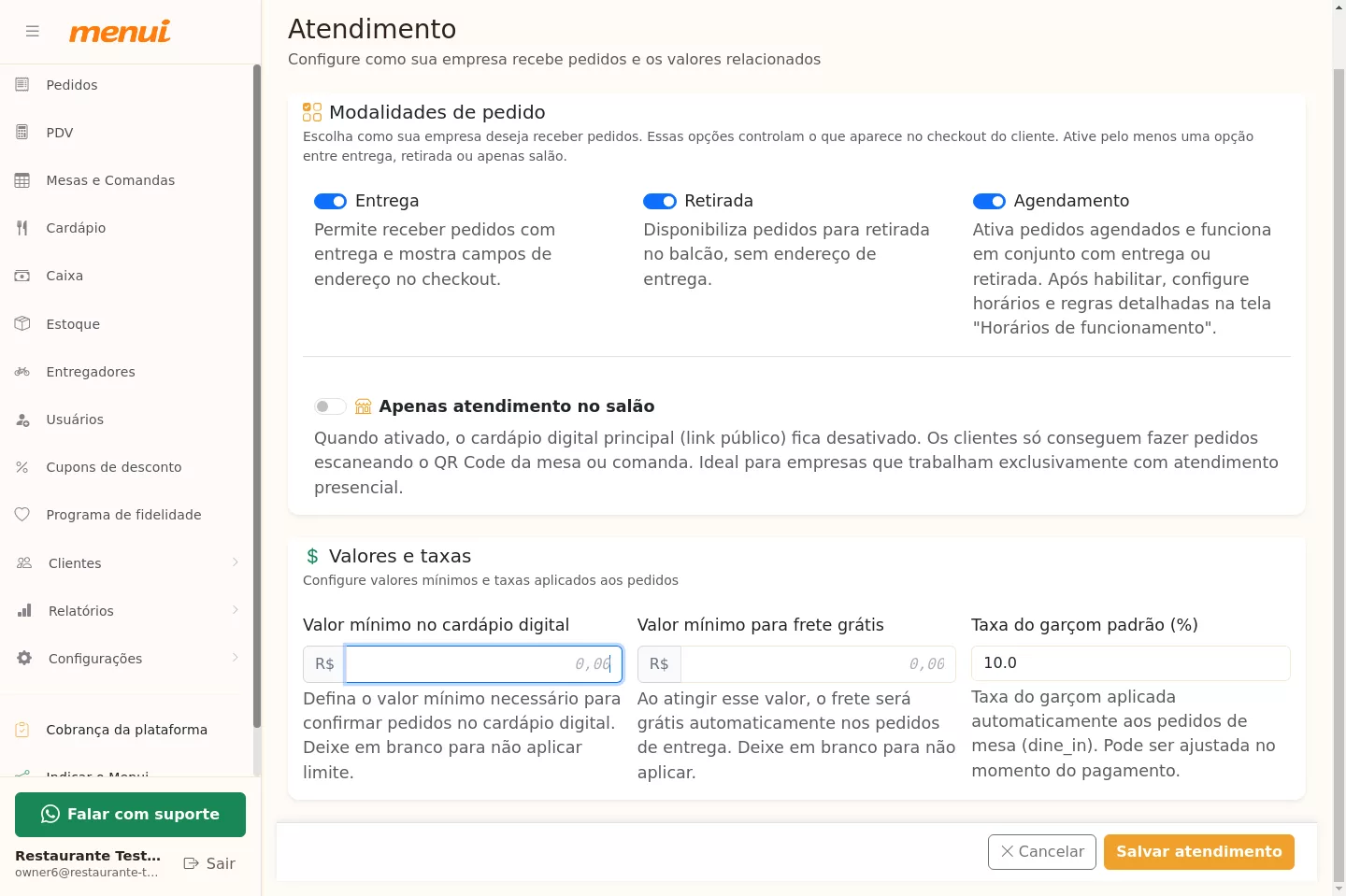 Valores e taxas na tela Atendimento